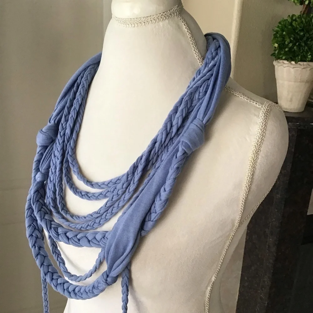 NEW Scarf Necklace Blue Multi Loop Braid Tassel Knot Multi Loop SOFT Knit Boho - Picture 7 of 9